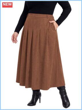 Plus Size Faux Suede Pleated A-Line Maxi Skirt with Pockets
